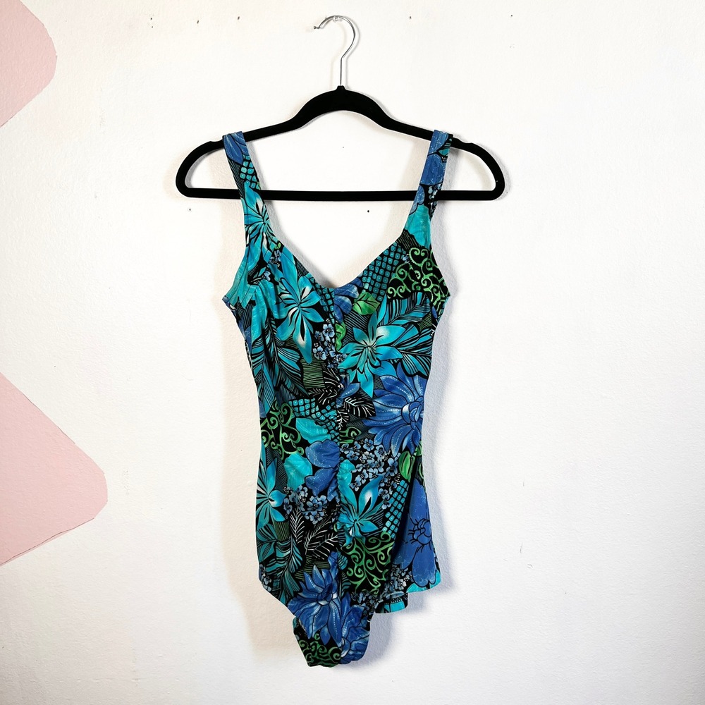 Maxine of Hollywood Size 12 Blue Floral Front Shirred Fully Lined